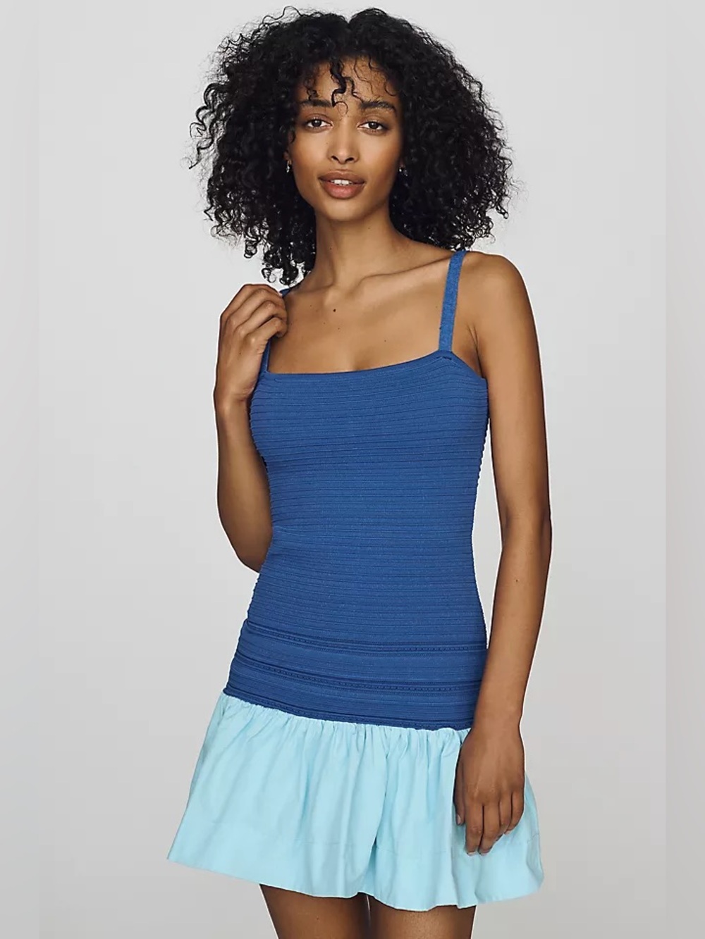 Anthropologie Blue Knit Mini Dress Drop Waist Light Blue Ruffle Hem